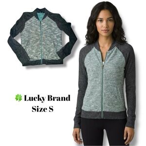 Lucky Brand Sweater Gray Cardigan Striped Mixed Knit Zip-Up Boyfriend Size Small